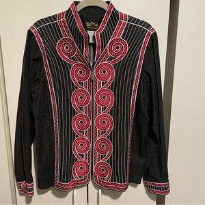 Bob Mackie Wearable Art Black Zip Jacket with Red and White Spiral Embroidery